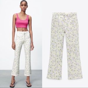 New! Zara Gingham Mini Flared High Waist Floral Lavender 70s Trousers Pants